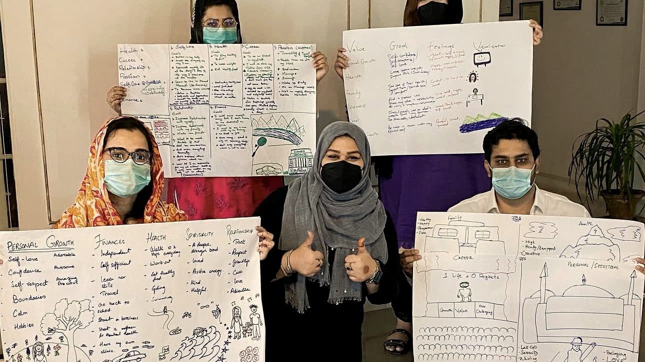 Workshop participants with completed life-vision charts